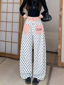 Sweet Cute White Polka Dot Contrast Embroidery Casual Versatile Slimming Curved Leg Wide Leg Jeans - White - View 4