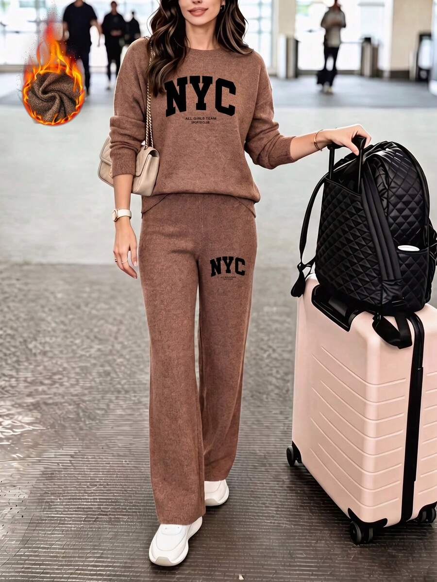 NYC Letter Print Women's Faux Knitted Knit Long Sleeve Top And Pants Set, Casual Two Pieces Outfit, Patterned Top, Mexican Brown Elegant - Brown - View 1