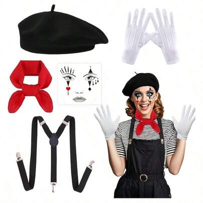 5pcs Women's Set, French Beret, Gloves, Y-Shaped Suspenders, Red Scarf, Stickers, Role Play, Halloween, Christmas, Carnival Party Costume