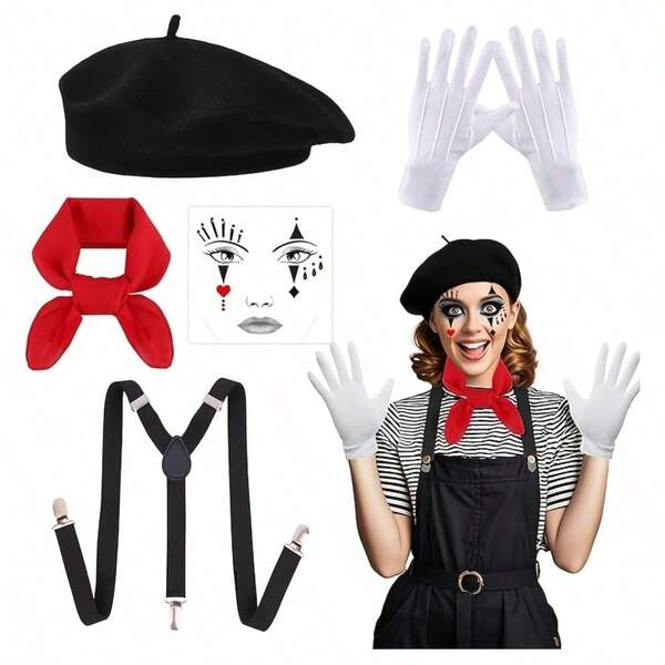 5pcs Women's Set, French Beret, Gloves, Y-Shaped Suspenders, Red Scarf, Stickers, Role Play, Halloween, Christmas, Carnival Party Costume