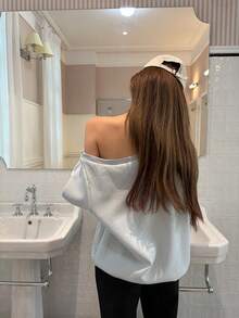 Fashion Minimalist Sky Blue Versatile Casual Design Asymmetrical Shoulder Long Sleeve Sweatshirt - Blue - View 6