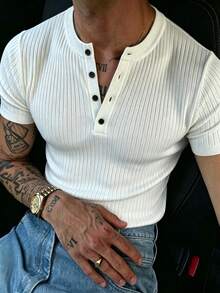 Men's Summer Fashion Classic Henley Collar Ribbed Short Sleeve T-Shirt, Essential Knitted Short Sleeve Top For Summer Wardrobe - White - View 2