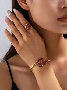 2pcs Fashionable New Gold-Plated & Artificial Drip Oil Coffee Brown Water Drop Shaped Women's Bracelet And Ring Jewelry Set - Coffee Brown - View 6