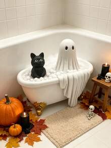 1pc Halloween Ghost Bathtub Decoration, Spooky Black Cat And White Ghost Bath Ornament With Pumpkin And Bat Pattern, Resin Gothic Style Desktop Centerpiece, Halloween Party Home Decor, Suitable For Fireplace Mantel, Windowsill, Entryway, Bedroom, Autumn Harvest Pumpkin Bat Ghost Decoration, Collectible, Unique Spooky Gift For Halloween Enthusiasts - Bathtub Ghost - View 3
