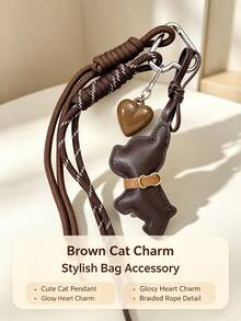 Vintage PU Dog Keychain, Cute Bag Charm, Braided Tassel & Glossy Heart Pendant, Metal Carabiner, Aesthetic Retro Bags Accessory For Dog Lovers - Multicolor - View 2