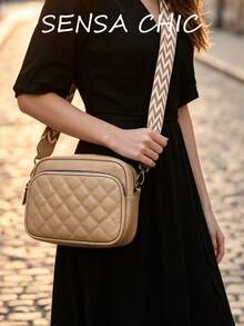 Solid Color Rhombus Quilted Small Square Shoulder Bag With Layered Inner Pockets, Zipper Closure, Versatile Crossbody Bag For Daily Commute, Work, Campus, Shopping, Travel And Outings - Khaki - View 6
