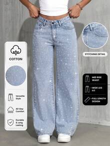 Women's Star Rhinestone Decor Loose Casual Straight Leg Jeans, Summer Vacation Street Party Fashion Jeans Fall - Light Wash - View 2