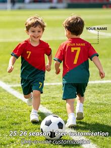 2pcs/Set Boys Soccer Uniform, Personalized Name/Club Customization, 7# Print Red Football Jersey, Short Sleeve & Shorts Set, Sports Player Style, Suitable For Boys & Girls, Sports, Cycling, Outdoor Running, Football, Star Player Style - Red - View 6