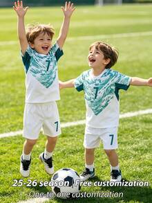 2pcs/Set Full Print Burn-Out Boys Football Jersey Set, Personalized Name/Club Customization, #7 Print Soccer Uniform, Short Sleeve & Shorts Set, Suitable & Girls, Sports, Cycling, Outdoor Running, Football, Star Player Style, Sublimated Youth Soccer Kit - White - View 6