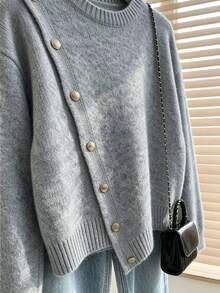 Elegant Women's Grey Long Sleeve Sweater, Rib-Knit With Stylish Asymmetrical Design And Gold Button Embellishments For Fall Winter - Grey - View 4