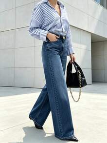 Women's Casual Elegant Washed Straight Leg Jeans, Wide Leg Long, Slightly Stretchy, Suitable For Travel, Commuting, Daily Wear And Autumn/Winter Outfits - Medium Wash - View 8