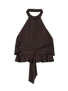 Layered Ruffle Halter Top Women Crop Backless Sleeveless Tank Top Yellow Brown Polka Dot Tie Back Vest Woman Summer Off Shoulder Going Out Camisole - Brown - View 6