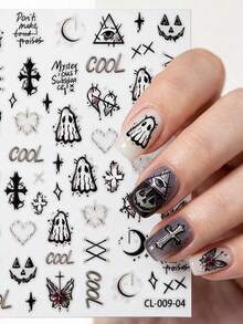 1 pieza Pegatinas de uñas holográficas láser góticas de Halloween, calcomanías de uñas iridiscentes con fantasmas, cruces, mariposas, triángulos, ojos malvados, calabazas, lunas, estilo punk grunge oscuro y espeluznante, suministros de arte de manicura de Halloween Y2K - Multicolor - Ver 2