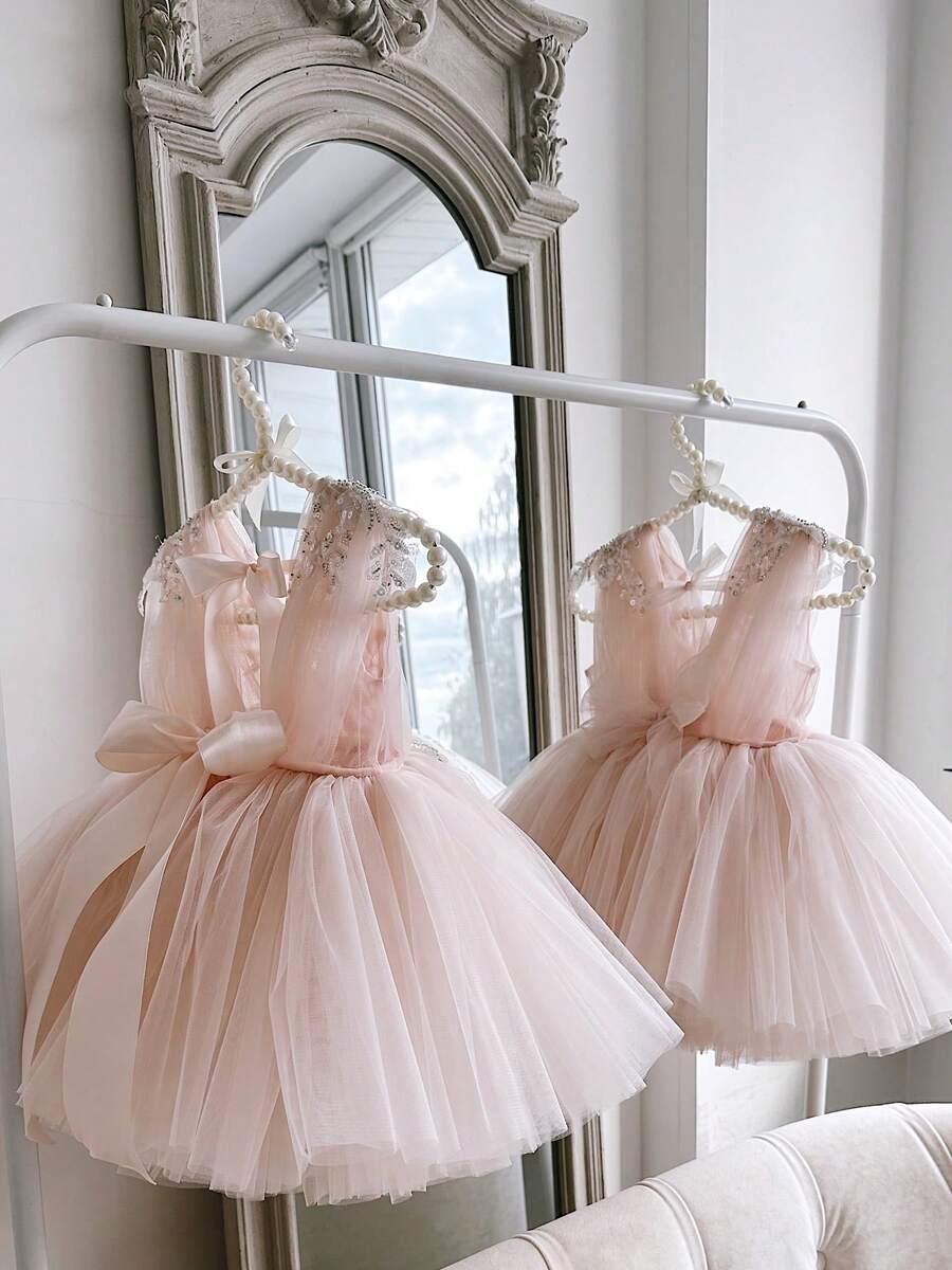 女嬰粉色亮片花朵網紗優雅公主禮服,適合1歲生日禮物、宴會晚禮服、婚禮花童套裝 - 淺粉色 - 查看 1