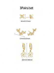3 Pairs Gold Plated‑Tone White Enamel Flower Huggie Hoop, Snake & Four‑Petal Flower Stud Earring Set Dainty Zirconia Stackable Ear Jewelry For Women - 3Pairs/set - View 6