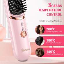Hatteker 1pc USB Rechargeable Straightening Brush, 3 Temperature Settings, Travel Portable Volumizing Hair Root Hot Air Brush, Wireless Straight & Curl Dual Use Negative Ion Comb - Multicolor - View 7