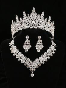 Sparkling Silver Bridal Set, Exquisite High Crown With Diamonds, Includes Luxurious Necklace And Pendant Earrings, Designed For Grand Wedding Day - Silver - View 6