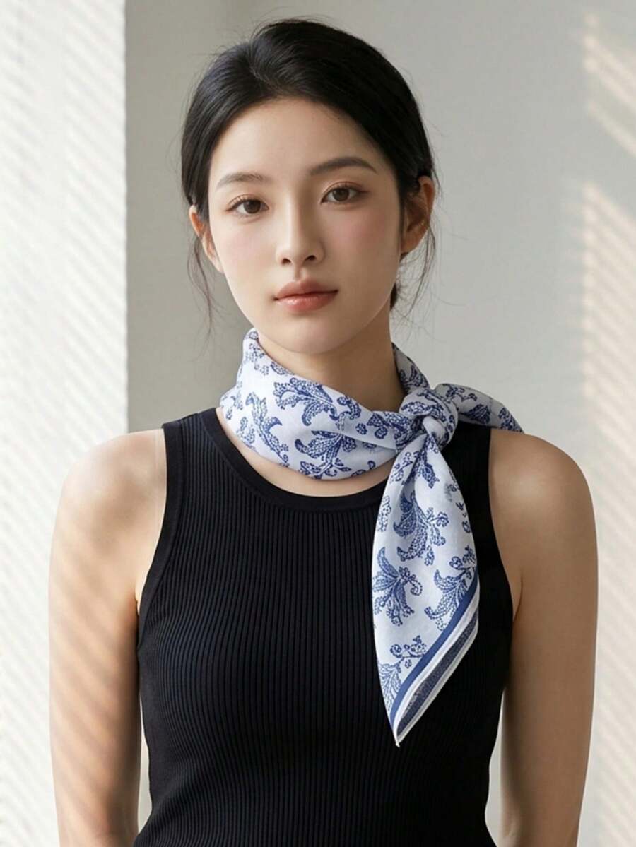 1件可愛花卉印花棉質方巾,70cm柔軟輕盈,多功能圍巾、頭巾、領巾、披肩、髮帶,高端禮品 - 多色5 - 查看 1
