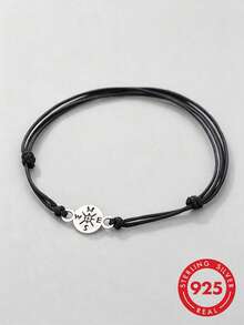 1pc S925 Sterling Silver Engraved Compass Round Pendant Multi-Layer Black Adjustable Wax Cord Bracelet, Travel Adventurer Niche Drawstring Wish Silver Hand Rope Accessory - Silver - View 1