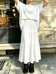 falda maxi tierada elegante de color sólido, cintura elástica, tejido ligero para uso casual mujer - Blanco - Ver 4