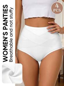 MEIYATING 4pcs/Pack Women's Mid-To-High Waist Cotton Panties, Tummy Control & Butt Lifting Triangle Briefs, Cross-Front Fitted - White - View 4