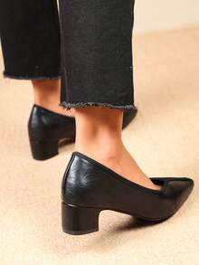 Women's V-Cut Pointed Toe Low Heel Pumps, Contrast Trim, Vintage Soft Leather Design, Elegant Office Formal High Heels - Black - View 4