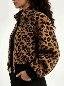 Vintage Leopard Print Teddy Fleece Cropped Jacket, Loose Waist-Barring Slimming Warm Streetwear Coat For Autumn/Winter - Brown - View 2