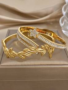 Minimalist Meteor Leaf Bangle Bracelet Set For Women Stainless Steel Golden Bangle Bracelet For Christmas Birthday Daily Party Jewelry Gifts - Multicolor - View 3