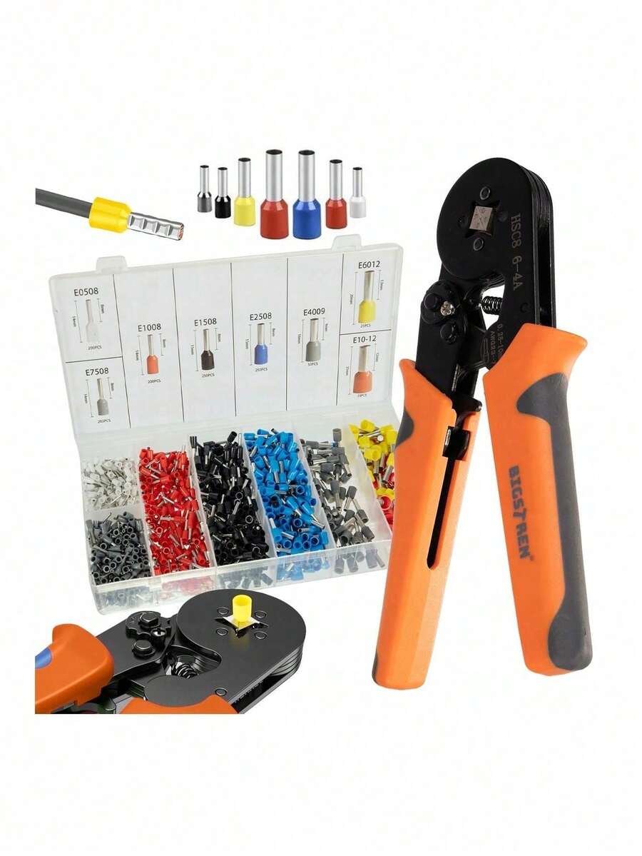 電線端子壓接工具組,含 1200 個端子,可調式棘輪壓接鉗,適用 0.25-10 mm² 電纜端套管,方形壓接機構,金屬與 ABS 材質,附收納整理盒,適合電路接線安裝與維修 - A - 查看 1