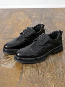 Men's New Round Toe Breathable British Style Thick Sole Height Increasing Lace-Up Casual Daily Work Business Leather Shoes - Black - View 4