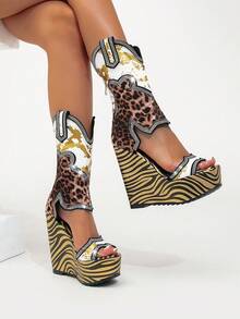 Women's Wedge Platform Sandals Boots, Black PU, Round Toe Open Toe With Cross Stud Decoration; Suitable For Party, Holiday, Outdoor; Multi-Functional, Height-Increasing, Waterproof - Multicolor - View 2