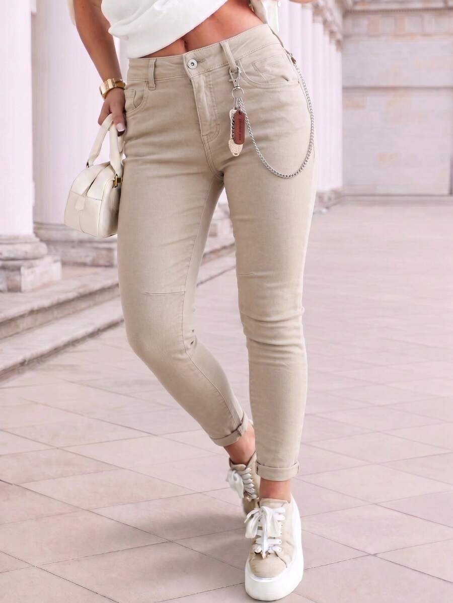 Women's Autumn Stretch Skinny Long Pants, Mid‑Rise Fit, Button‑Zip Fly, With Detachable Side Metal Chain, Classic Front Pockets, Slim Tapered Leg