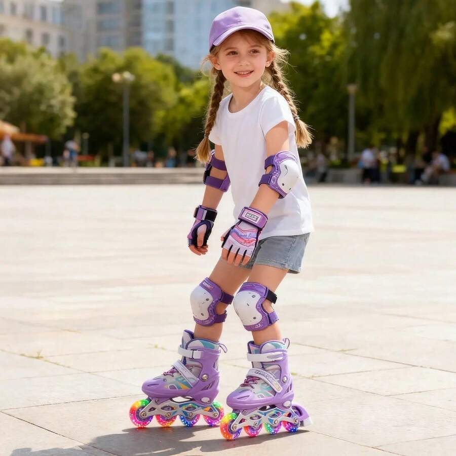 Adjustable Inline Skates For Kids With 8 LED Light-Up Wheels, Complete Set With Helmet And Pads, Breathable Beginner Skates, Ideal Gift, 2 Sizes Available, Available In Multiple Colors - Purple - View 1
