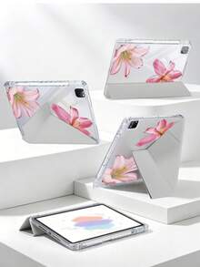 1件粉色百合花平板保護殼，相容 iPad Mini6/7/Air/Air2/9.7/10.2/10.5/10.9 (Air4-Air8)/Pro 11/10th Gen/A16/Pro 11 2024，雙面彩繪圖案，透明壓克力背殼，絲綢質感 8 折支架，自動休眠/喚醒，內建筆槽，不含筆，部分機型附相機框 - 彩色 - 查看 8
