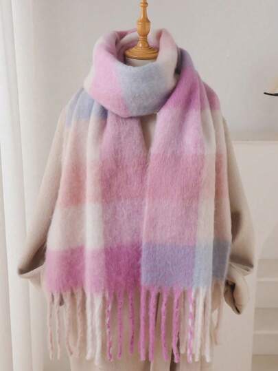 1pc Women's Winter Scarf, Colorful Striped Plaid Faux Cashmere Shawl, Thick & Warm, Fashion Tassel Fleece Scarf, Outdoor Ladies Shawl, Dress Accessory