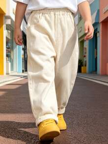 男童春季卡通刺繡休閒牛仔長褲，適合幼兒與小童 - 米色 - 查看 3