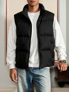 1pc Boys Teen Loose Casual Versatile Stand Collar Vest Jacket - Black - View 1