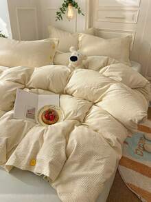 Cream Yellow Fine Striped Washed Jacquard Button Style 4-Piece Bedding Set, Contrast Yellow Button Decor, Breathable Soft All-Season Bedding Set Including 1 Duvet Cover, 1 Bed Sheet, 2 Pillowcases, No Filling, Suitable For Dorm, Bedroom, Home Use, Multiple Size Options - Champagne - View 8