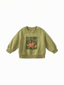 mini bala 男孩女孩可愛印花運動衫，柔軟彈性落肩上衣，2026年秋季 - 土灰綠 - 查看 4