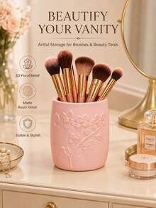Relief Floral Makeup Brush Holder, Easy Ins Style Desktop Pen Holder, Bedroom Vanity Beauty Tool Storage Box - Multicolor - View 2