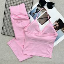 2pcs Women's Fitness Workout Set, Seamless Yoga Halter Top, High Waist Butt-Flattering Leggings, Gym Training Sportswear Pink - Pink - View 3