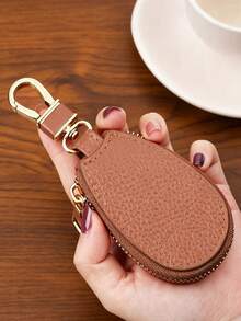 Compact Genuine Leather Key Pouch With Zipper And Hook, Durable And Stylish Leather Car Key Ring Protective Case, 360° Full Protection, With Safety Chain To Prevent Keys From Scratching Phone - Multicolor - View 15