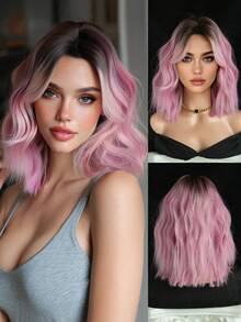 14inch Short Wave Pink Ombre-Dark Roots Wigs For Women,Elegant Wavy Bob Wigs With Curtain Bangs,High Quality Soft Synthetic Fiber Wigs For Girls Daily Wear, Family Party Use, Fashion Wig Accessories - 漸層粉紅色 - 查看 2