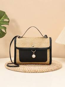 Summer Casual Straw Woven Pearl Pendant Small Square Handbag Crossbody Bag - Black - View 1