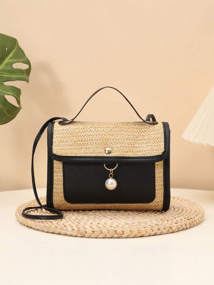 Summer Casual Straw Woven Pearl Pendant Small Square Handbag Crossbody Bag - Black - View 1