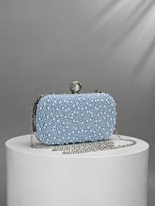 Light Blue Pearl Beaded Evening Clutch, Pearl & Rhinestone Decorated Wallet,Bride, Wedding Items - Baby Blue - View 2