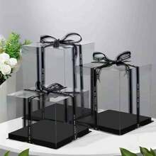 1 Set Cake Box, DIY Halloween/Christmas Party Gift Packaging Box/Storage Box With Random Ribbon, Birthday Party Gift, Wedding Cake, Pastry, Flower Bouquet, Collectible Dust-Proof Display, Snack Gift Packaging Box - Transparent Lid With Black Base - View 3