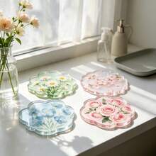 1/4PCS Watercolor Floral Acrylic Coasters, Asymmetrical Flower Transparent Heat-Resistant Coasters. Cherry Blossom, Forget-Me-Not, Rose Pattern Waterproof Tea Cup Coasters, Ins New Style Coasters, Heat-Resistant Coaster Set, Protect Tabletop From Hot Drinks, Cups And Plates Contamination - , Suitable For Office, Restaurant, Cafe - Multicolor - View 6