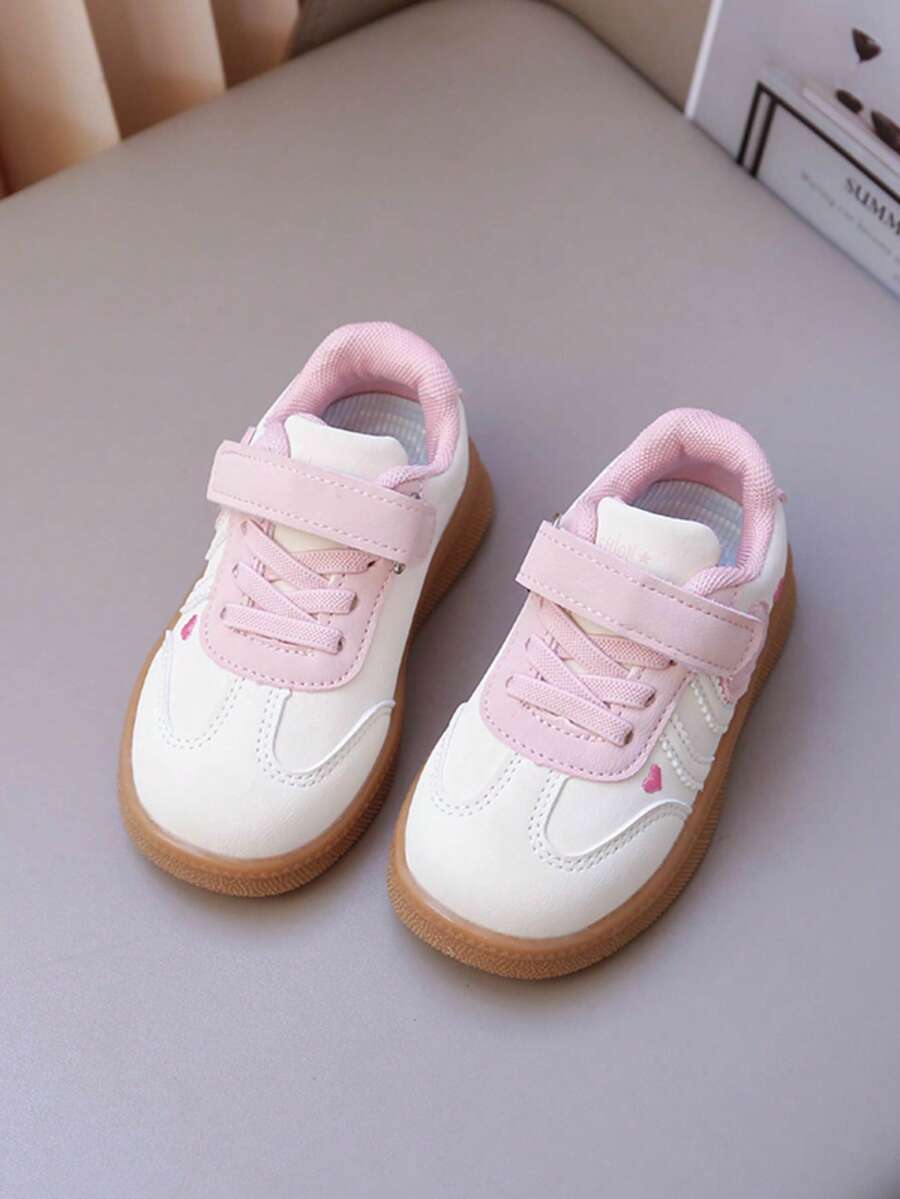 1 Pair Light Pink Heart Pattern Girls' Sneakers, Soft Sole Anti-Slip Wear-Resistant, Hook And Loop Closure Easy On/Off, Breathable Comfortable Versatile For Daily Wear - Beige - View 1
