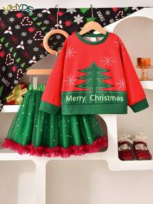 Vihyde Young Girls Christmas New Arrival 2 Pieces Outfit, Christmas Tree & Snowflake Print Long Sleeve Top & Star Sequin Tulle Ruffle Skirt Set - Red - View 2